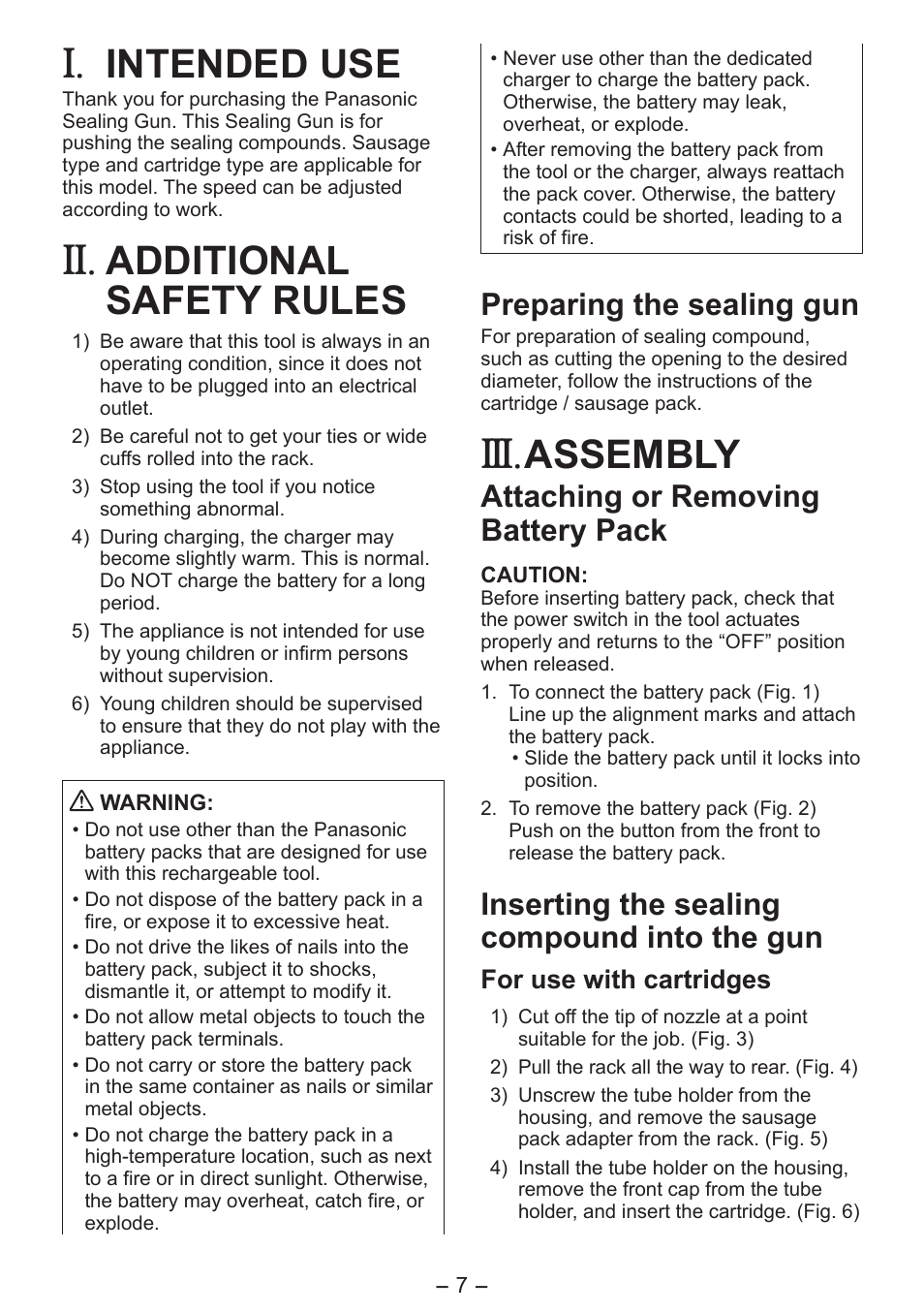 Intended use, Additional safety rules, Assembly | Preparing the sealing gun, Attaching or removing battery pack, Inserting the sealing compound into the gun, For use with cartridges | Panasonic EY3641 User Manual | Page 7 / 104