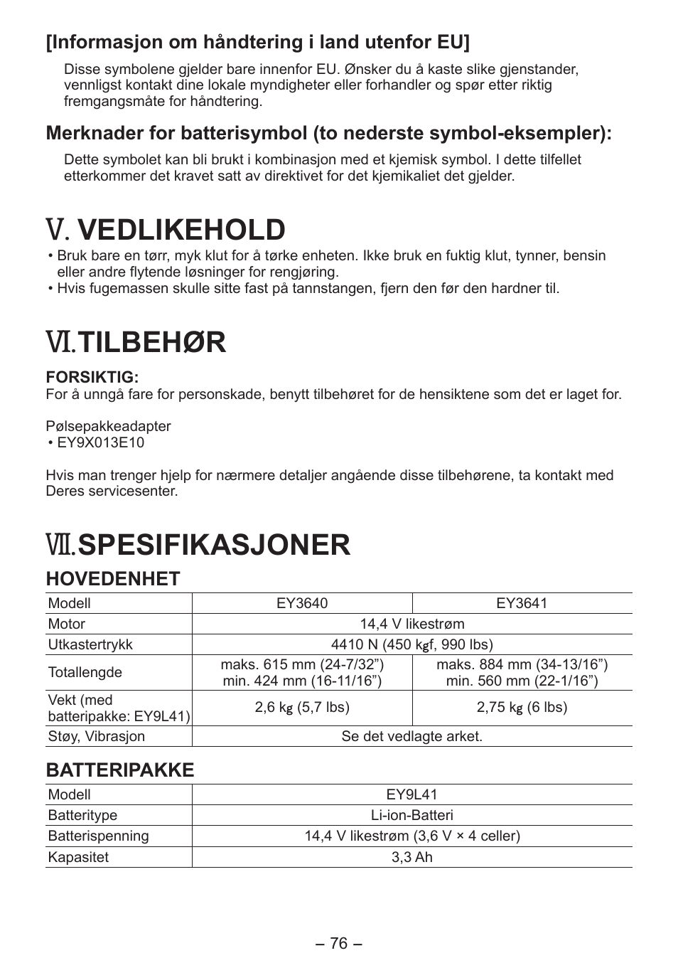 Vedlikehold, Tilbehør, Spesifikasjoner | Panasonic EY3641 User Manual | Page 76 / 104