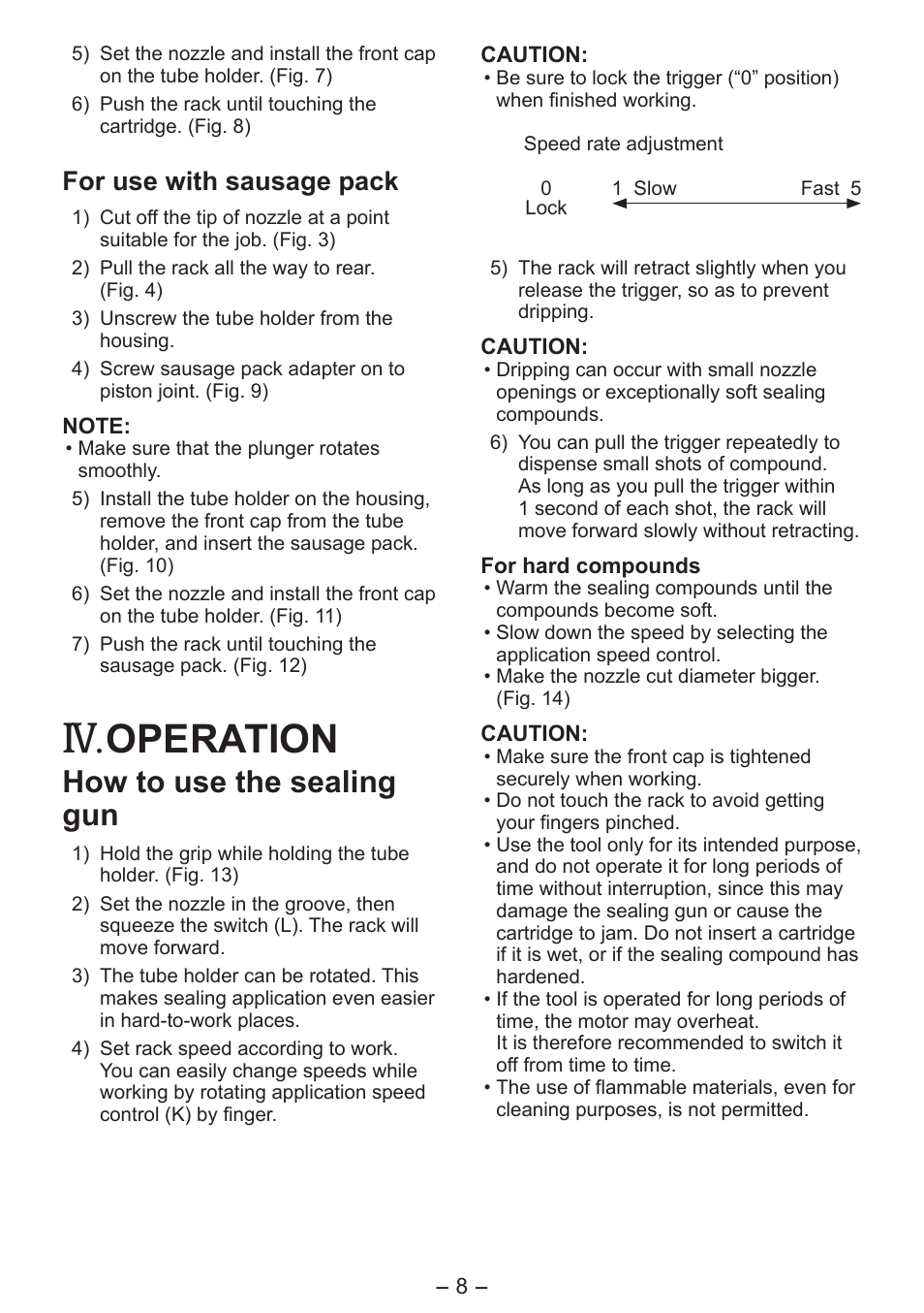 Operation, How to use the sealing gun, For use with sausage pack | Panasonic EY3641 User Manual | Page 8 / 104