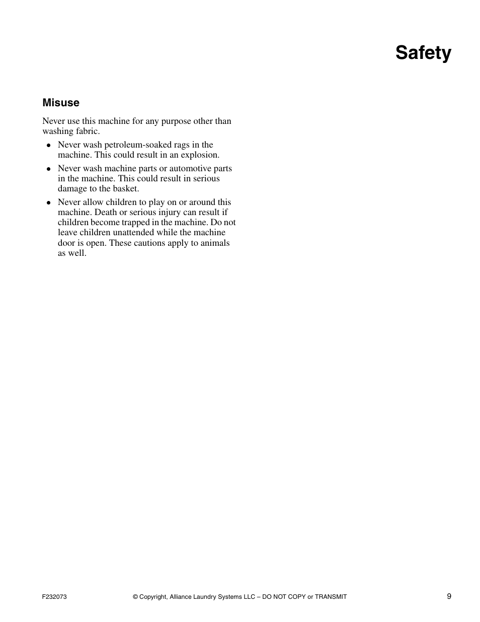 Safety, Misuse | Alliance Laundry Systems UC80PN User Manual | Page 11 / 84