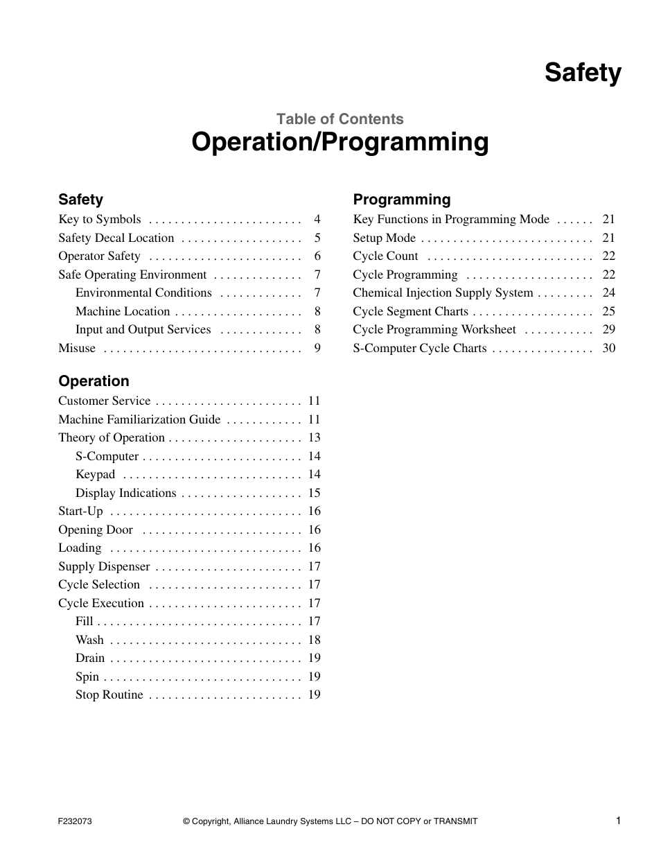 Safety, Operation/programming | Alliance Laundry Systems UC80PN User Manual | Page 3 / 84