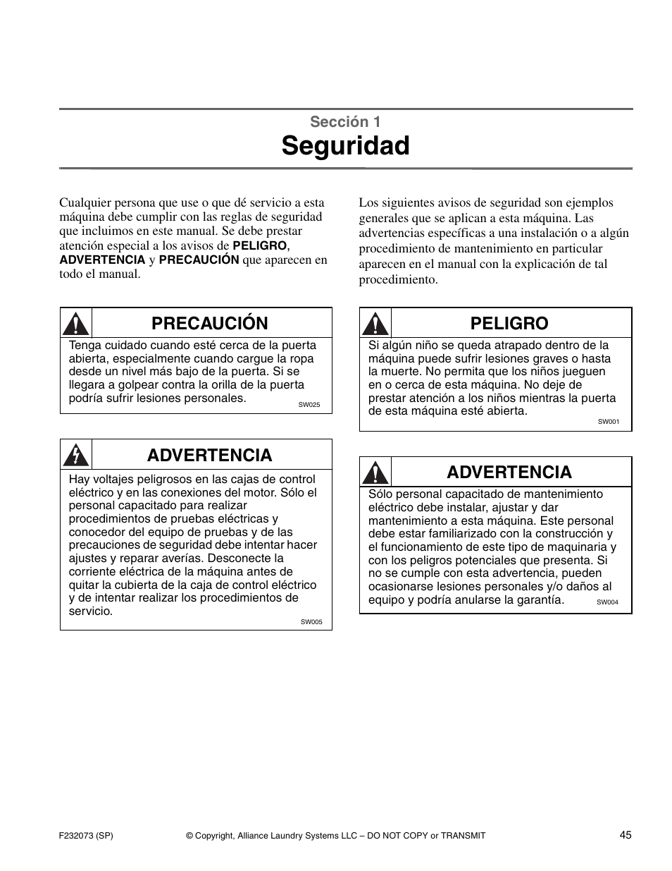 Seguridad, Precaución, Advertencia | Peligro, Sección 1 | Alliance Laundry Systems UC80PN User Manual | Page 47 / 84