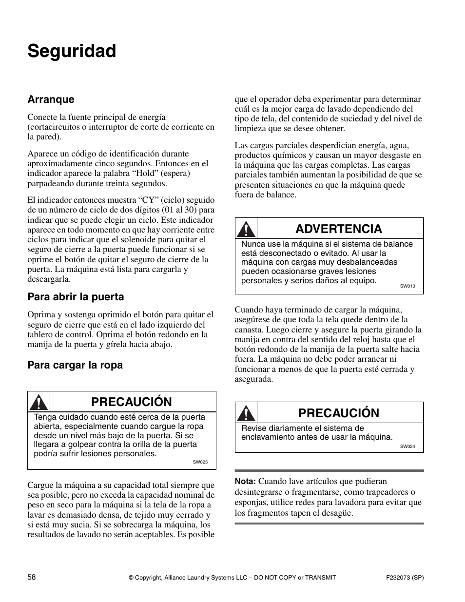 Seguridad, Precaución, Advertencia | Alliance Laundry Systems UC80PN User Manual | Page 60 / 84