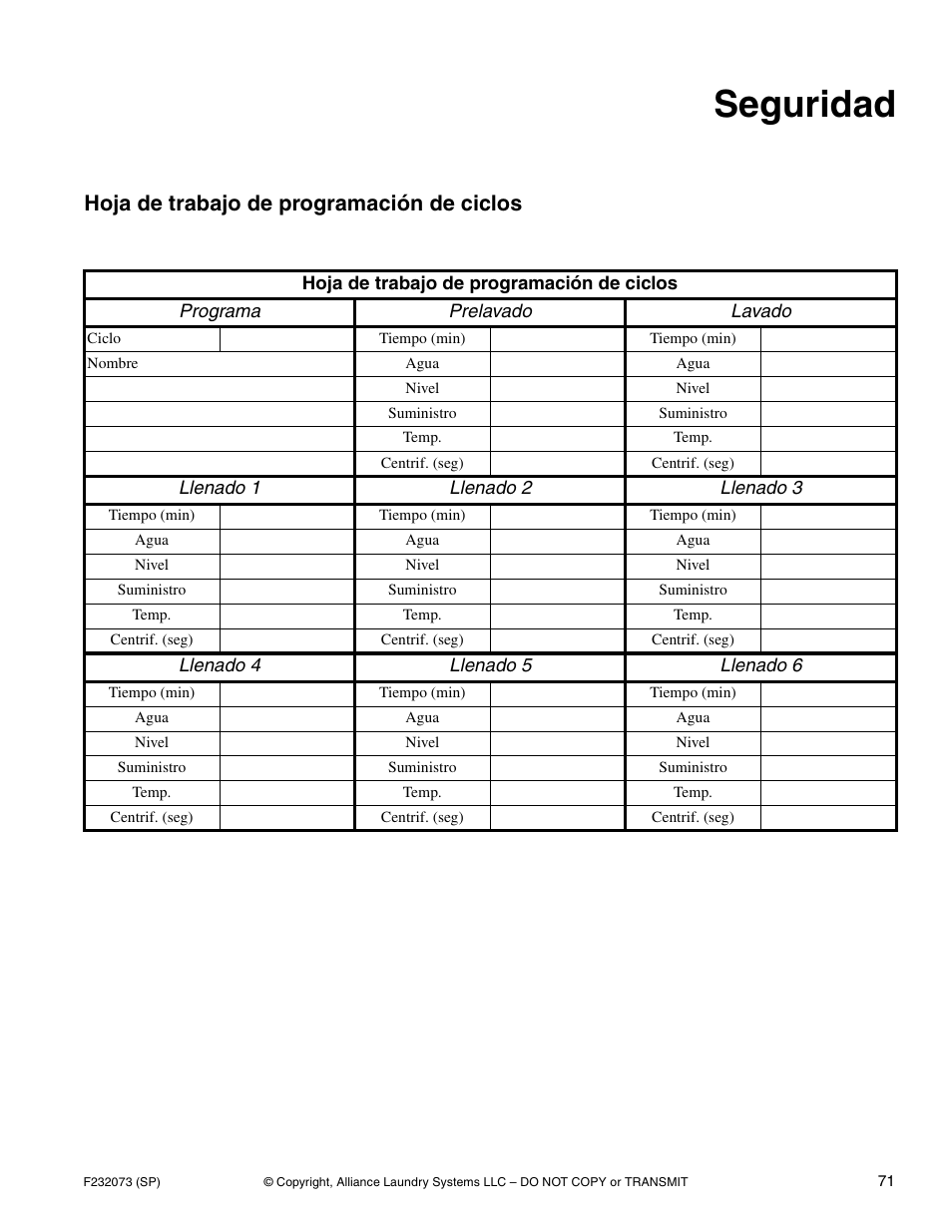 Seguridad, Hoja de trabajo de programación de ciclos | Alliance Laundry Systems UC80PN User Manual | Page 73 / 84