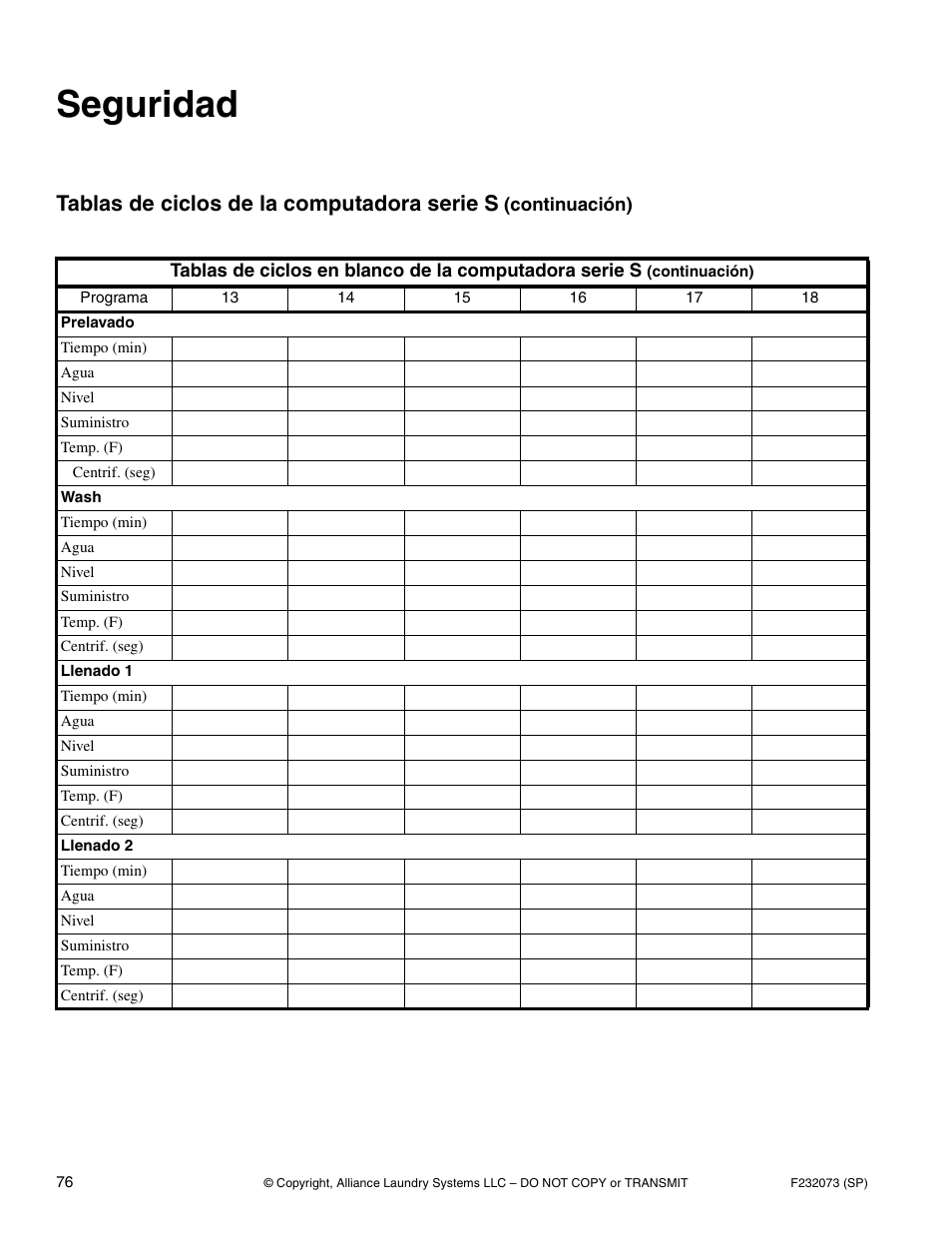 Seguridad, Tablas de ciclos de la computadora serie s | Alliance Laundry Systems UC80PN User Manual | Page 78 / 84