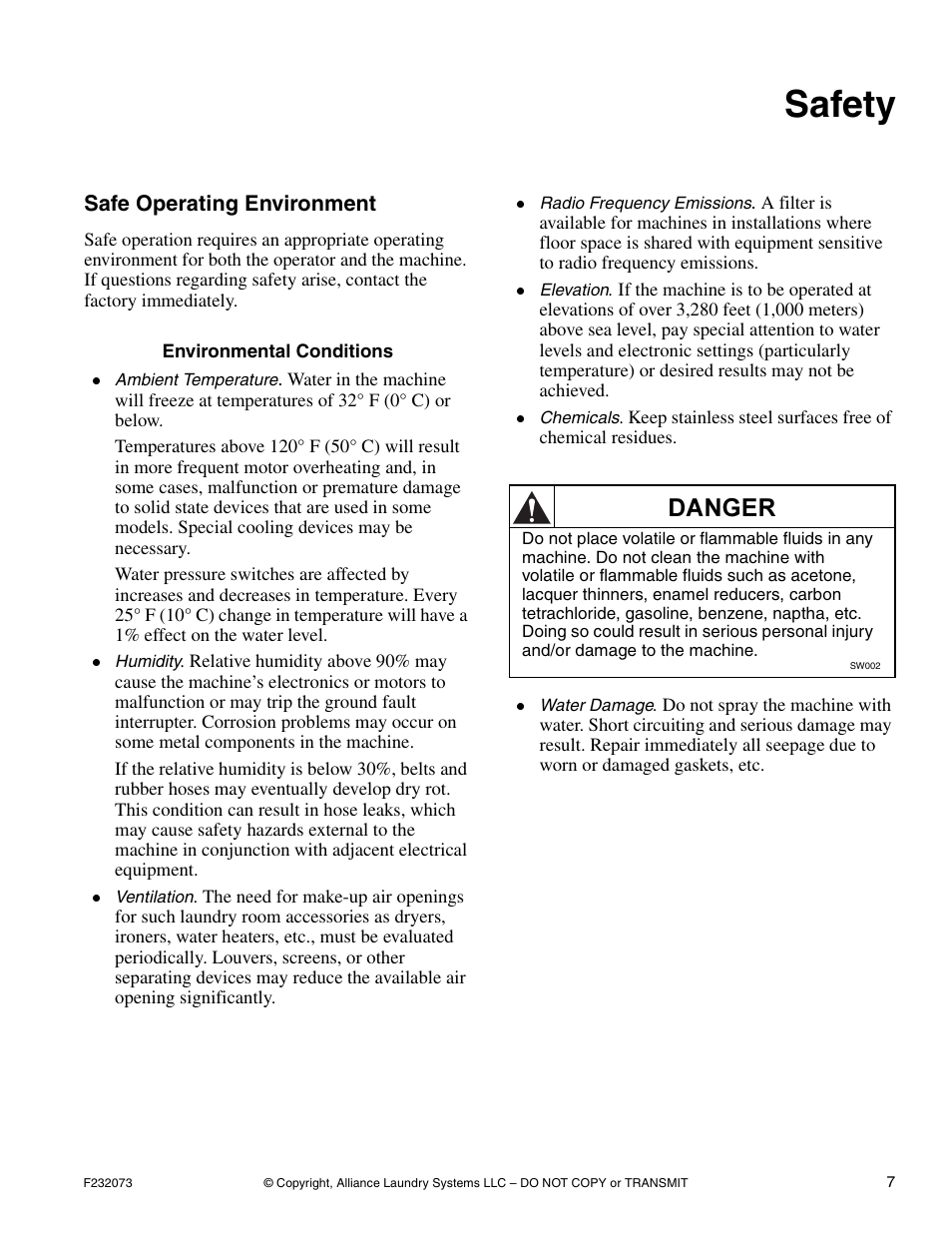 Safety, Safe operating environment | Alliance Laundry Systems UC80PN User Manual | Page 9 / 84