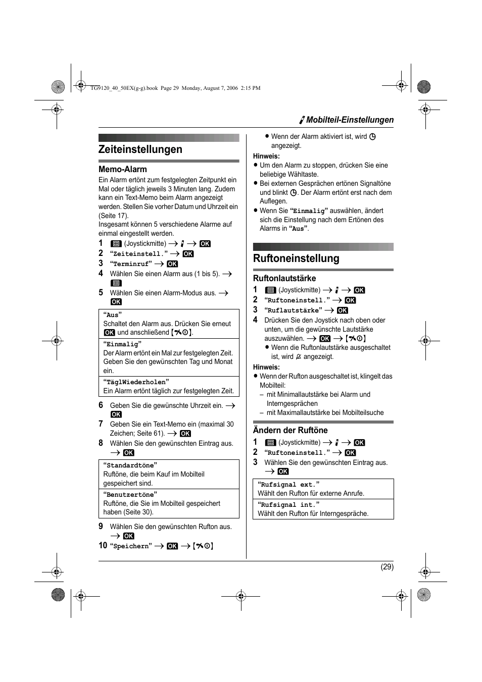 Zeiteinstellungen, Ruftoneinstellung, Seite 29 | Panasonic KXTG9150EX User Manual | Page 101 / 224