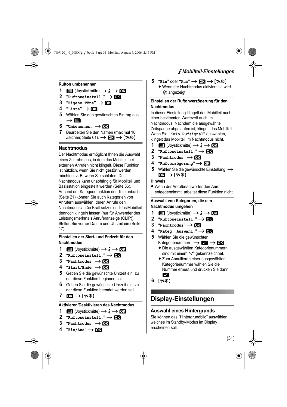 Display-einstellungen, Seite 31 | Panasonic KXTG9150EX User Manual | Page 103 / 224