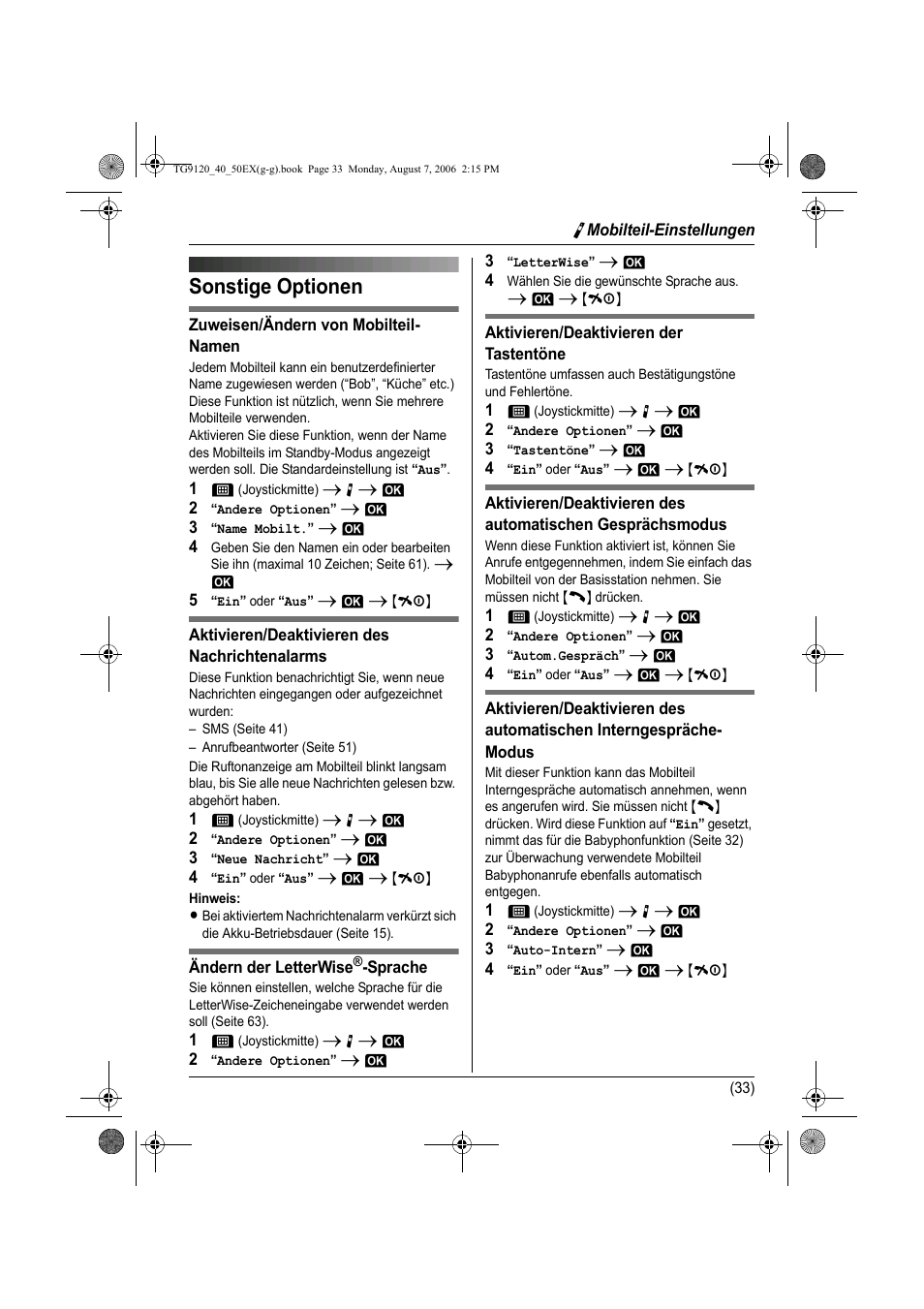 Sonstige optionen, Seite, Seite 33 | Panasonic KXTG9150EX User Manual | Page 105 / 224