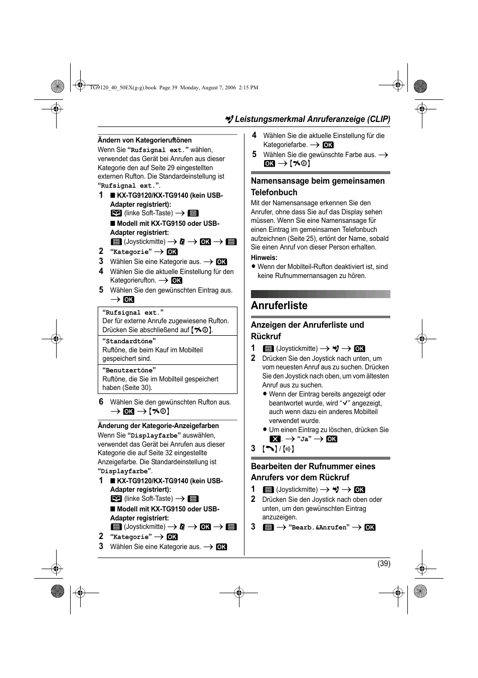 Anruferliste | Panasonic KXTG9150EX User Manual | Page 111 / 224