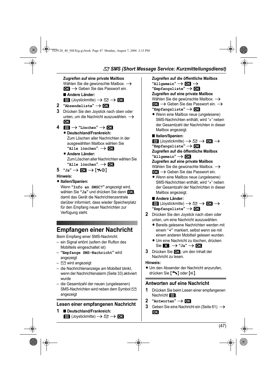 Empfangen einer nachricht | Panasonic KXTG9150EX User Manual | Page 119 / 224