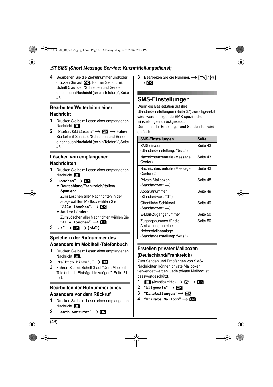 Sms-einstellungen, N (seite 48), Seite 48) | Panasonic KXTG9150EX User Manual | Page 120 / 224