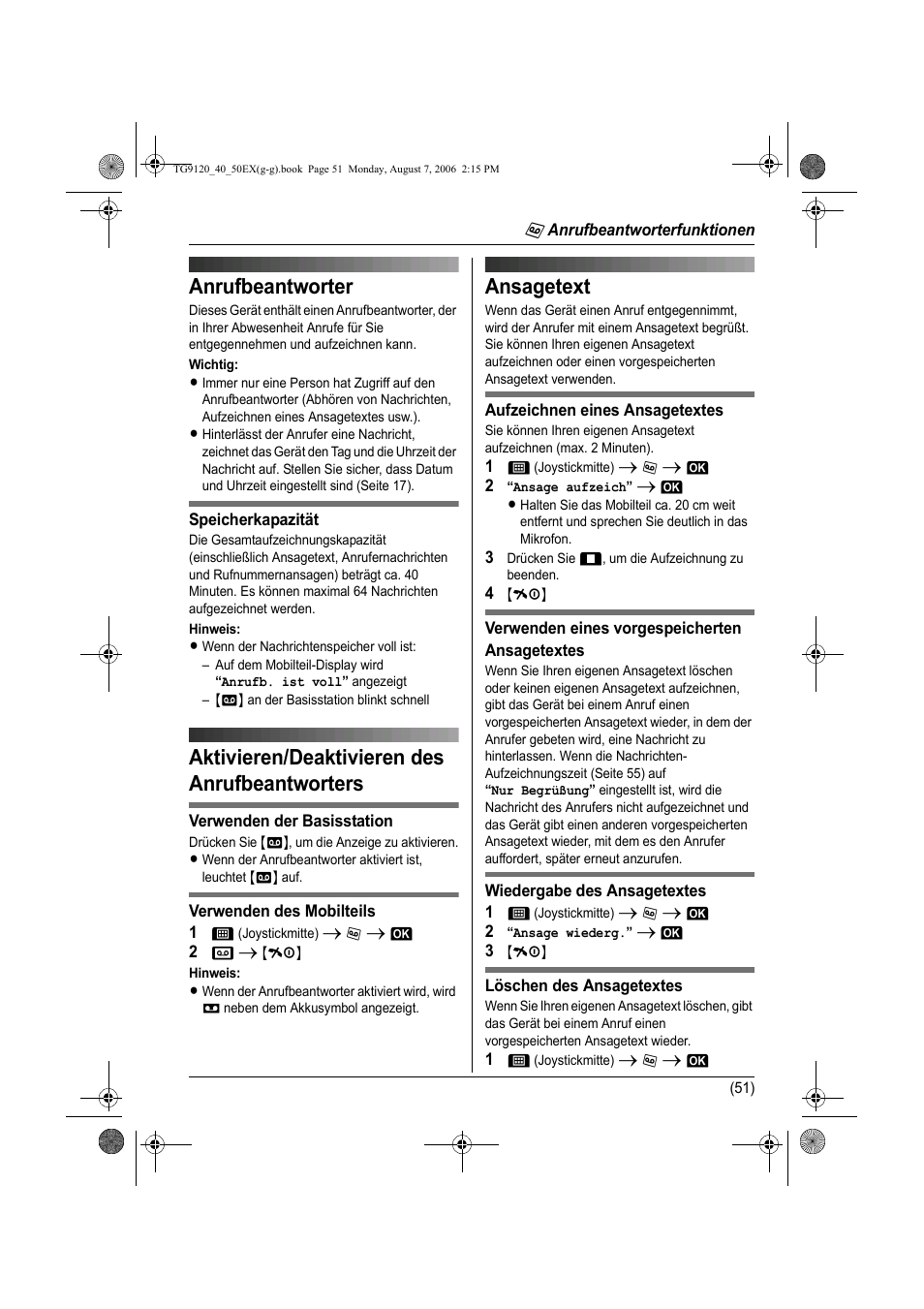 Anrufbeantworter, Aktivieren/deaktivieren des anrufbeantworters, Ansagetext | I an | Panasonic KXTG9150EX User Manual | Page 123 / 224