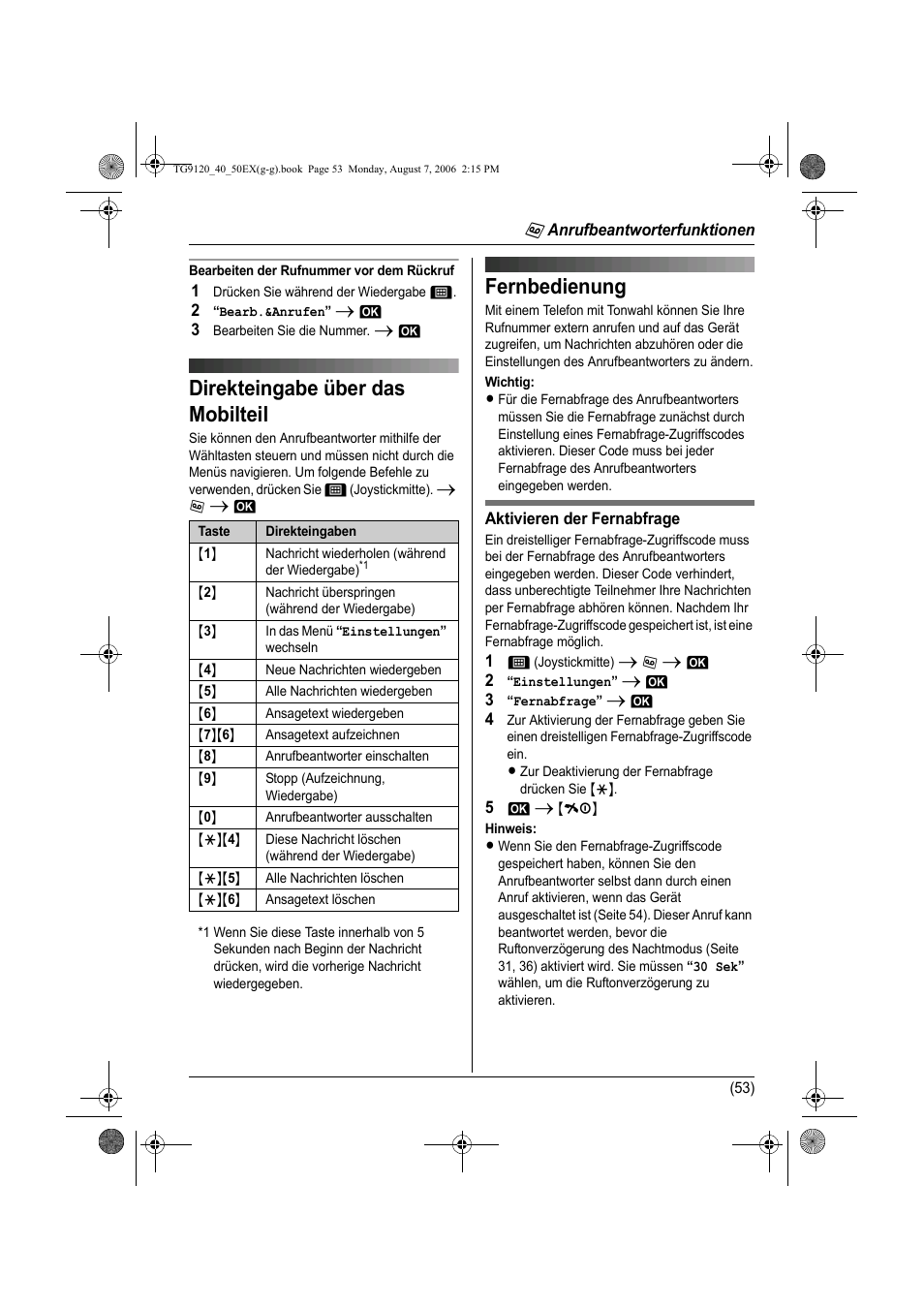 Direkteingabe über das mobilteil, Fernbedienung | Panasonic KXTG9150EX User Manual | Page 125 / 224