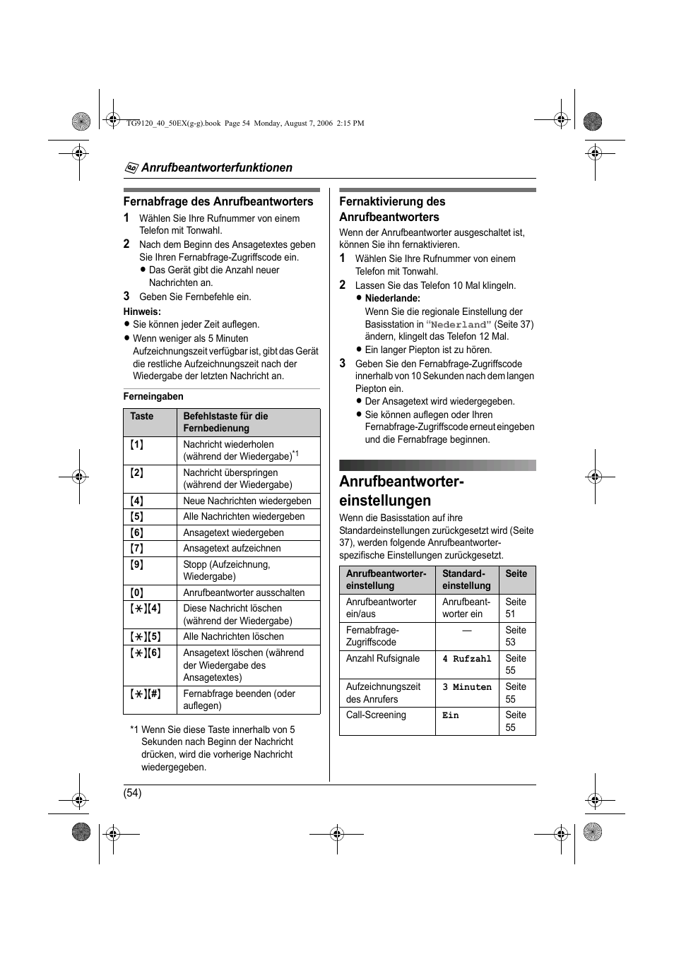 Anrufbeantworter- einstellungen, Anrufbeantwortereinstellungen, T (seite 54) | Panasonic KXTG9150EX User Manual | Page 126 / 224