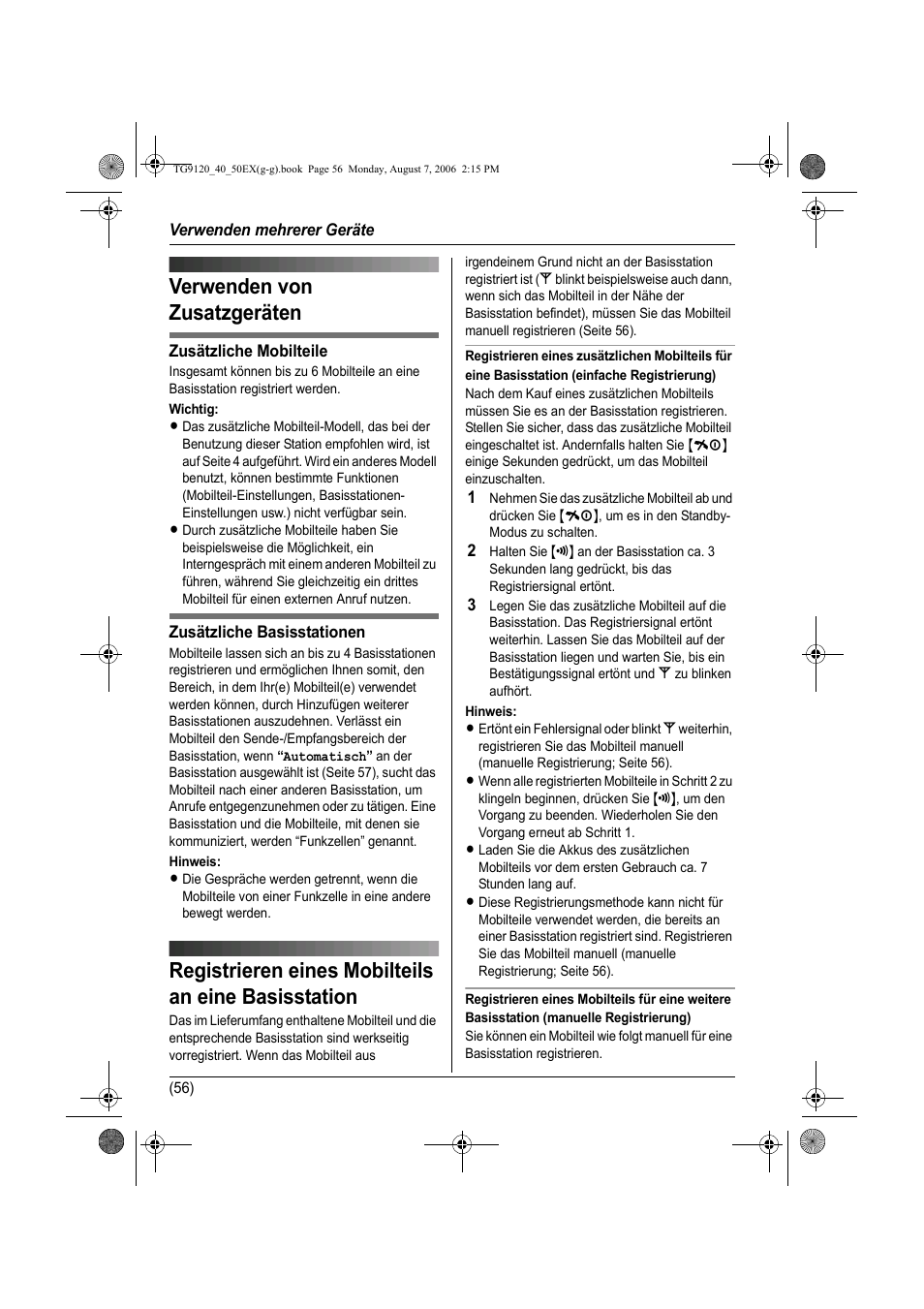 Verwenden von zusatzgeräten, Registrieren eines mobilteils an eine basisstation, Verwenden mehrerer geräte | Panasonic KXTG9150EX User Manual | Page 128 / 224