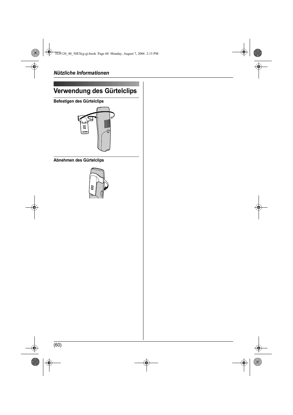 Verwendung des gürtelclips, Nützliche informationen | Panasonic KXTG9150EX User Manual | Page 132 / 224