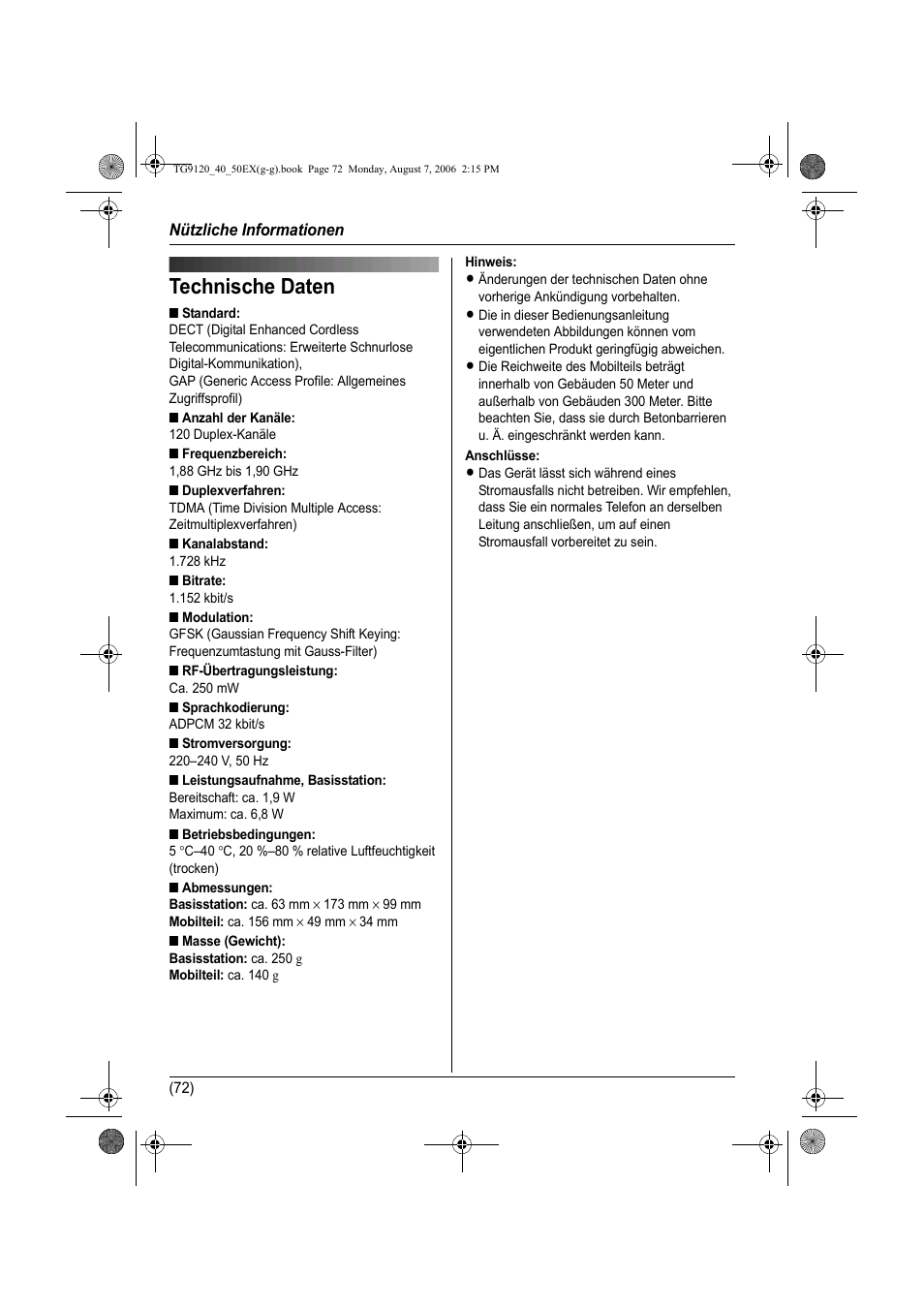 Technische daten | Panasonic KXTG9150EX User Manual | Page 144 / 224