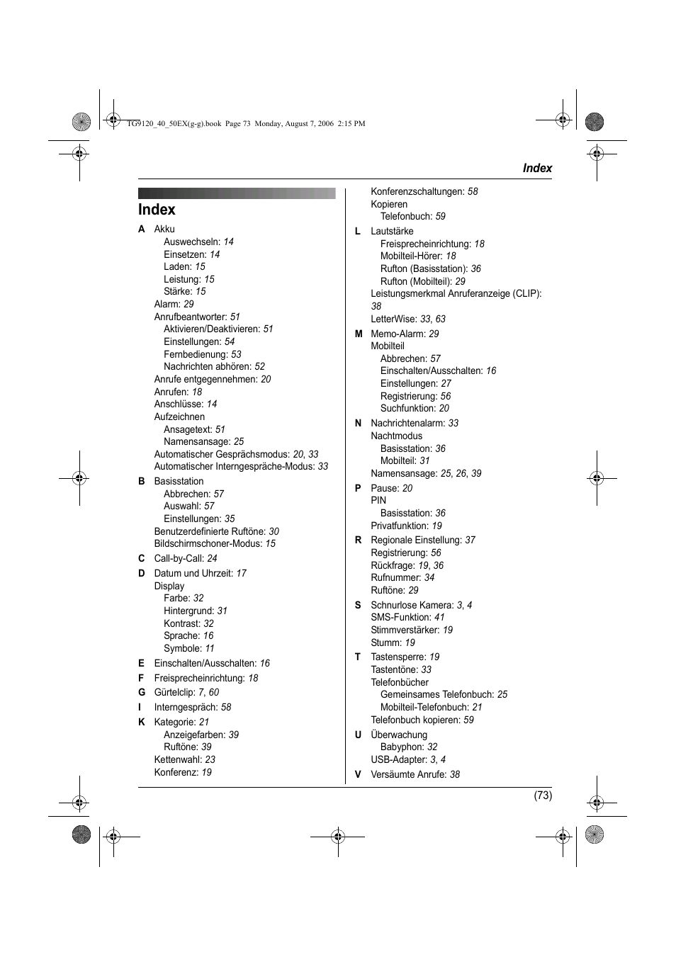 Index | Panasonic KXTG9150EX User Manual | Page 145 / 224