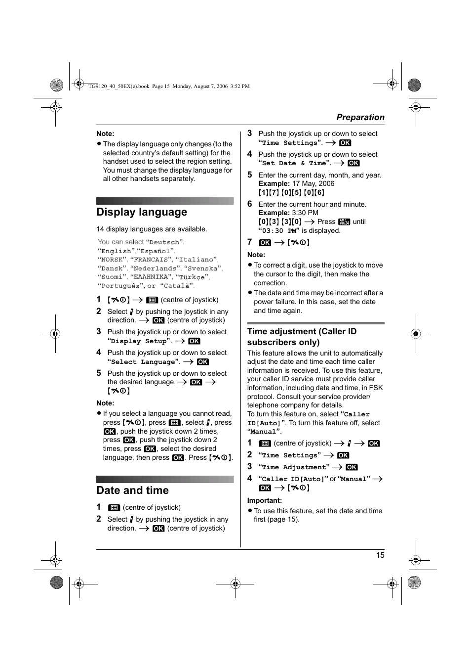 Display language, Date and time, Display language date and time | Panasonic KXTG9150EX User Manual | Page 15 / 224