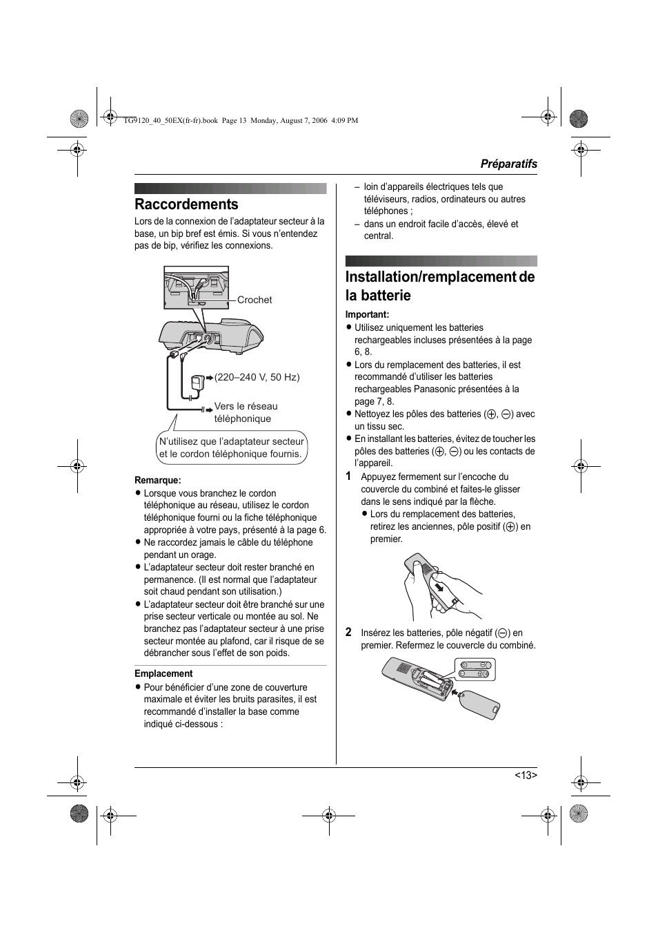 Raccordements, Installation/remplacement de la batterie | Panasonic KXTG9150EX User Manual | Page 161 / 224