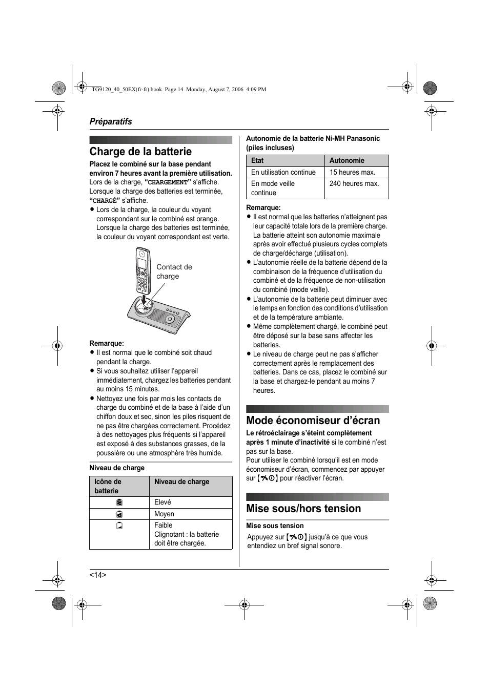 Charge de la batterie, Mode économiseur d’écran, Mise sous/hors tension | Panasonic KXTG9150EX User Manual | Page 162 / 224