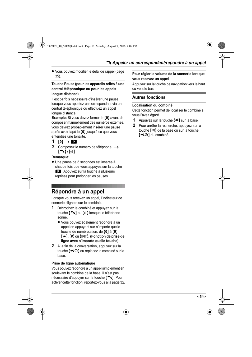 Répondre à un appel | Panasonic KXTG9150EX User Manual | Page 167 / 224