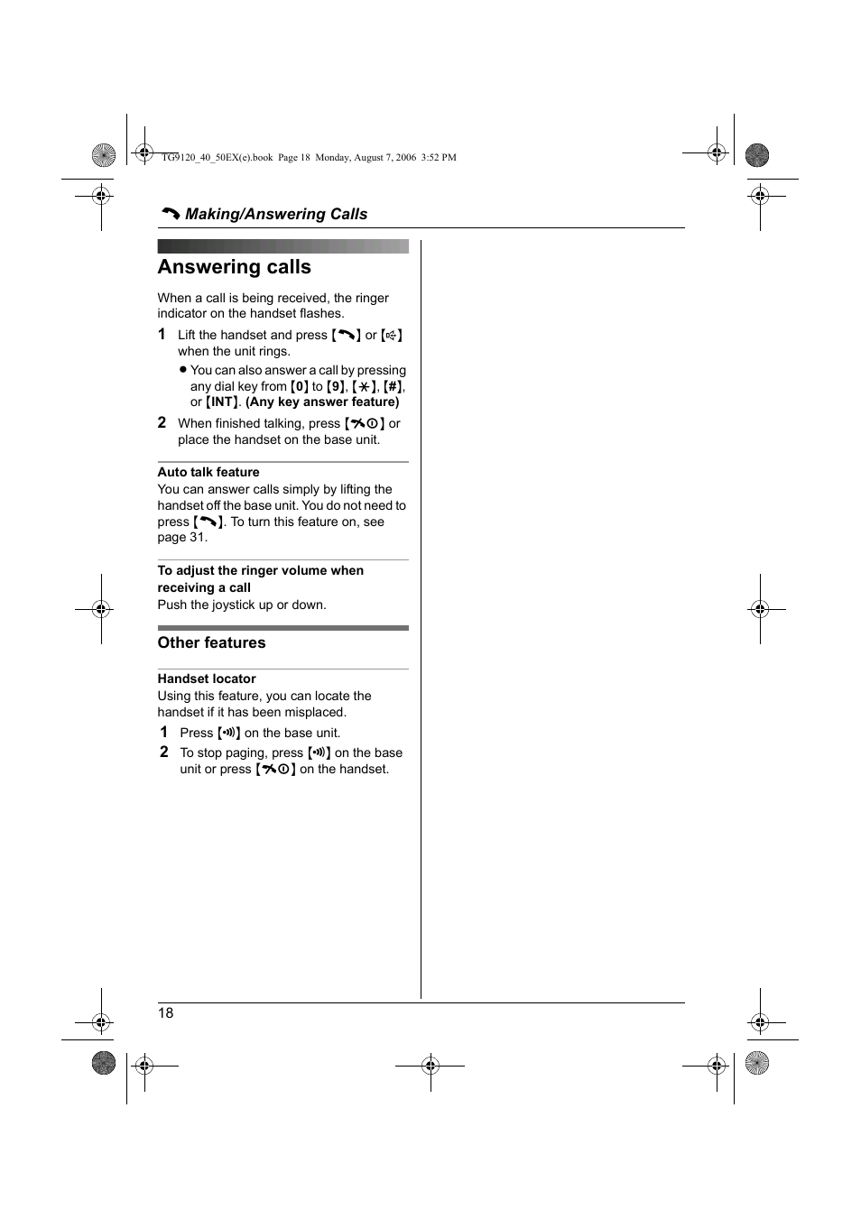 Answering calls | Panasonic KXTG9150EX User Manual | Page 18 / 224