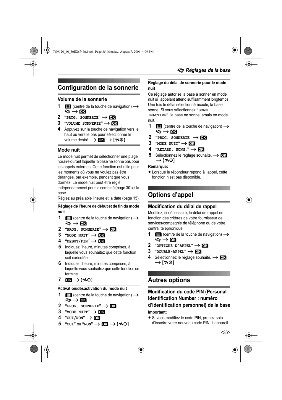 Configuration de la sonnerie, Options d’appel, Autres options | Panasonic KXTG9150EX User Manual | Page 183 / 224