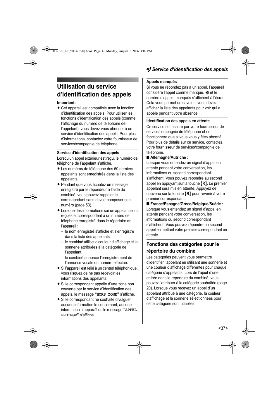 Utilisation du service d’identification des appels | Panasonic KXTG9150EX User Manual | Page 185 / 224