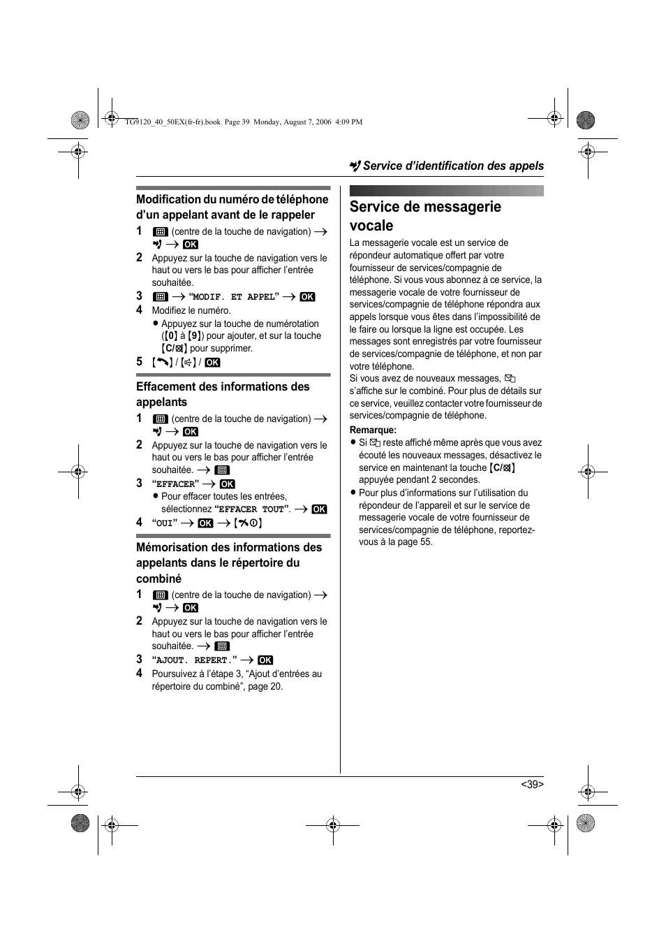 Service de messagerie vocale, E 39) | Panasonic KXTG9150EX User Manual | Page 187 / 224