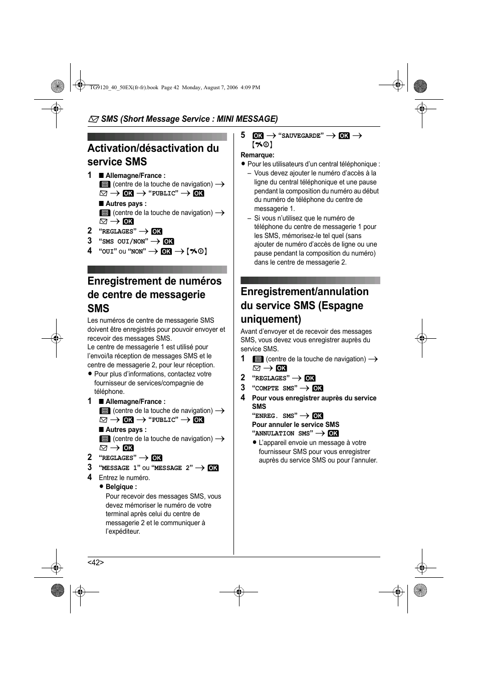 Activation/désactivation du service sms | Panasonic KXTG9150EX User Manual | Page 190 / 224