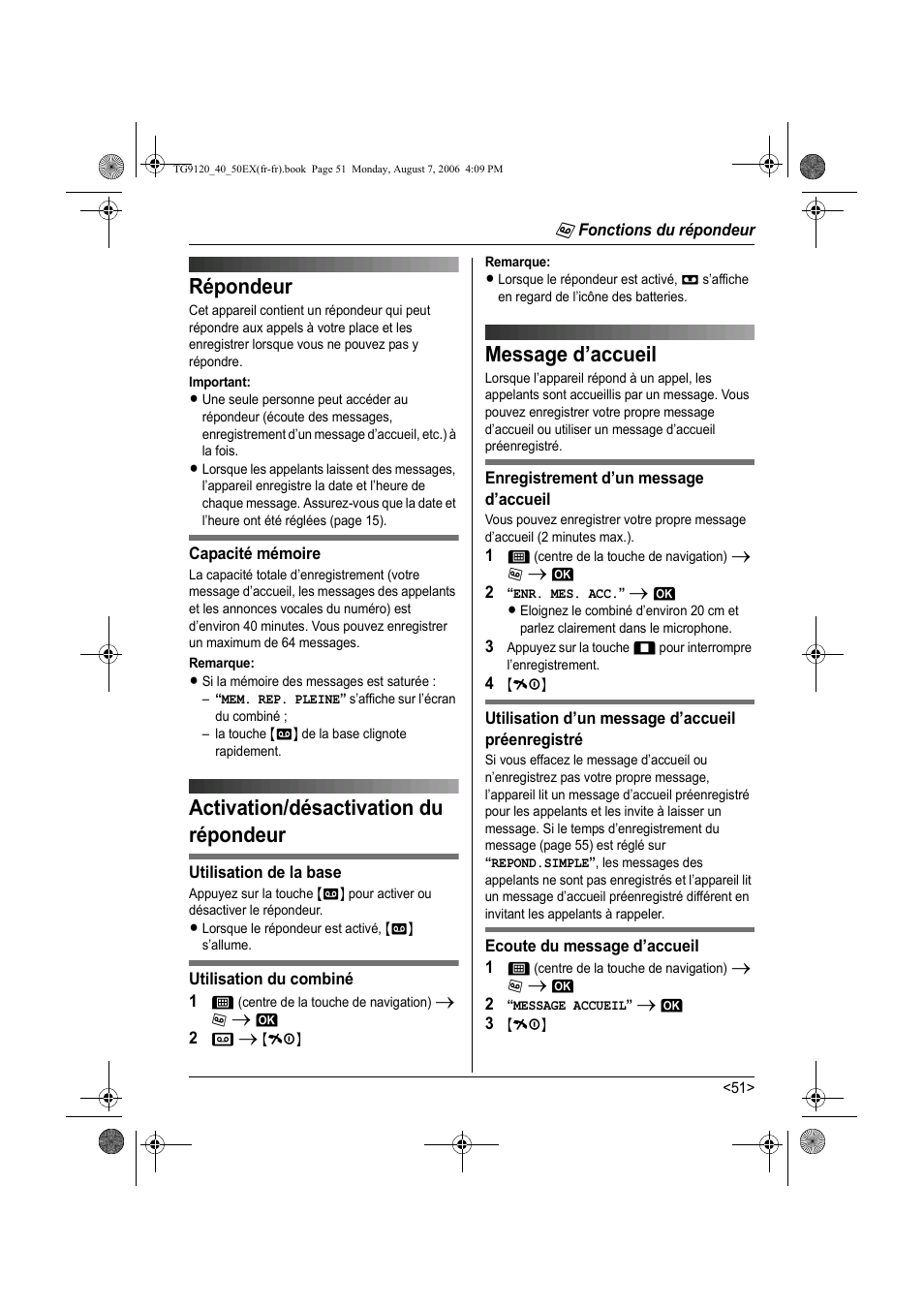 Activation/désactivation du répondeur, Message d’accueil, Répondeur | Panasonic KXTG9150EX User Manual | Page 199 / 224