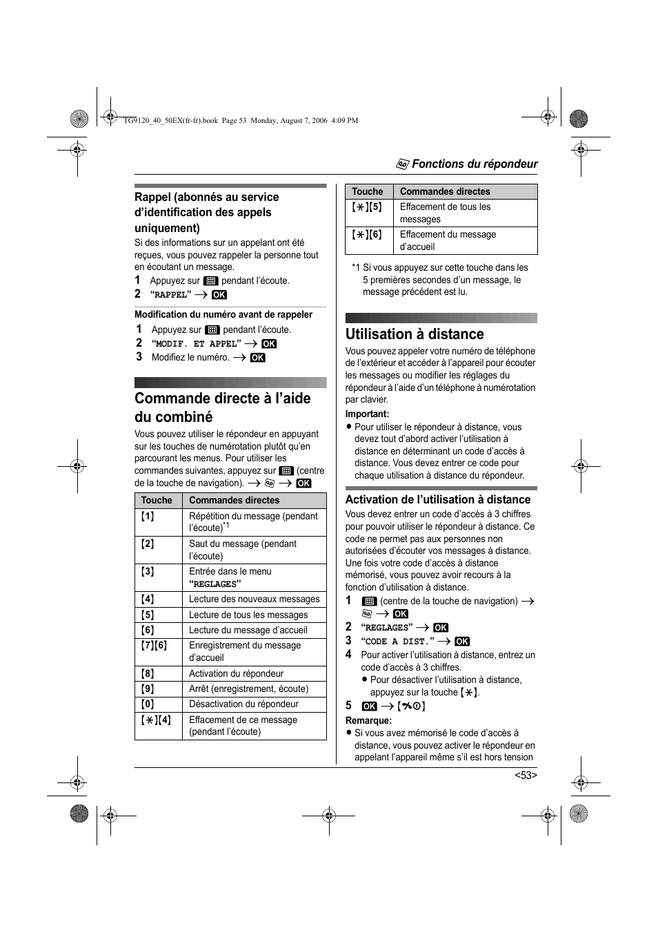 Commande directe à l’aide du combiné, Utilisation à distance | Panasonic KXTG9150EX User Manual | Page 201 / 224