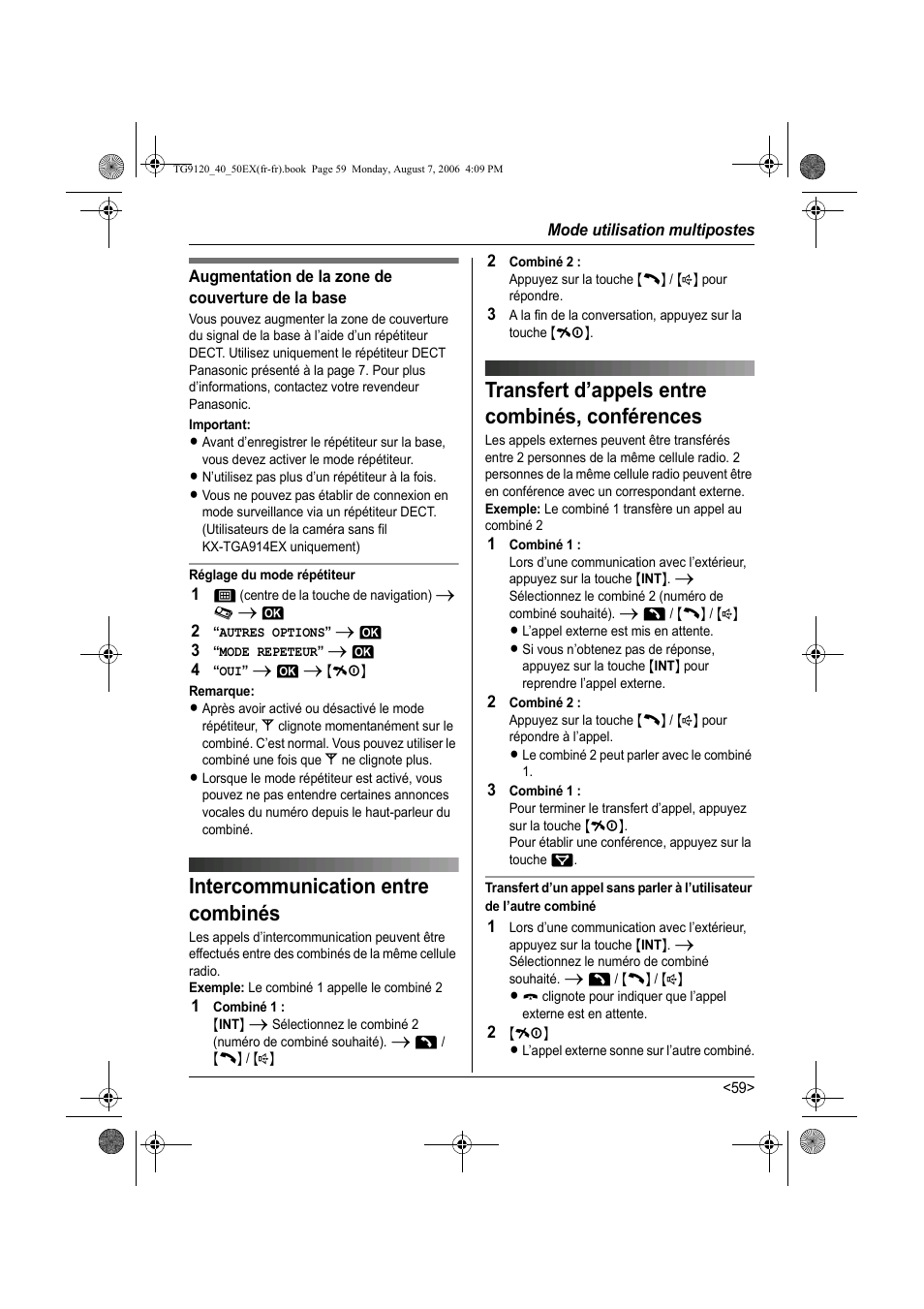 Transfert d’appels entre combinés, conférences, Intercommunication entre combinés | Panasonic KXTG9150EX User Manual | Page 207 / 224