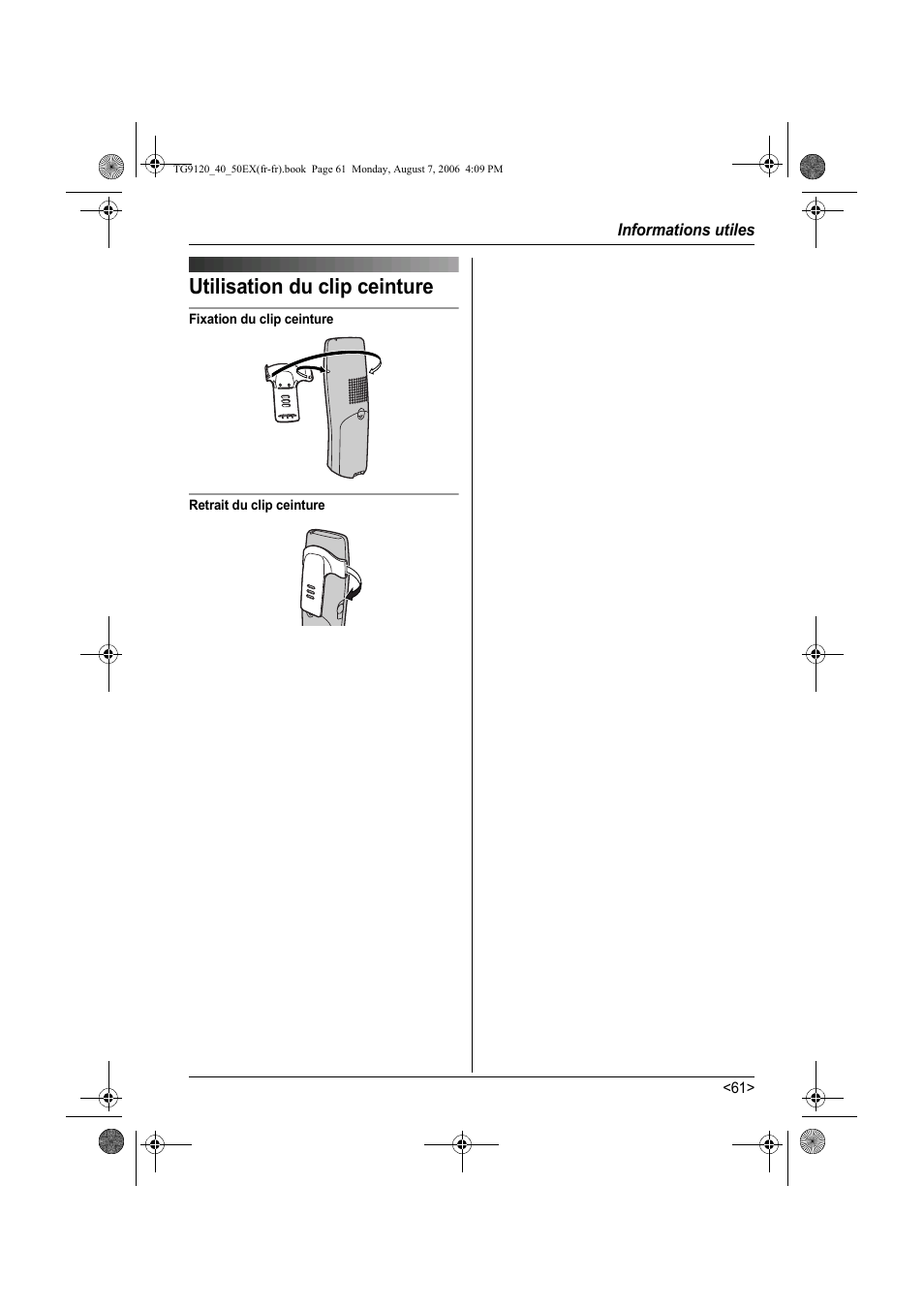 Informations utiles, Utilisation du clip ceinture | Panasonic KXTG9150EX User Manual | Page 209 / 224