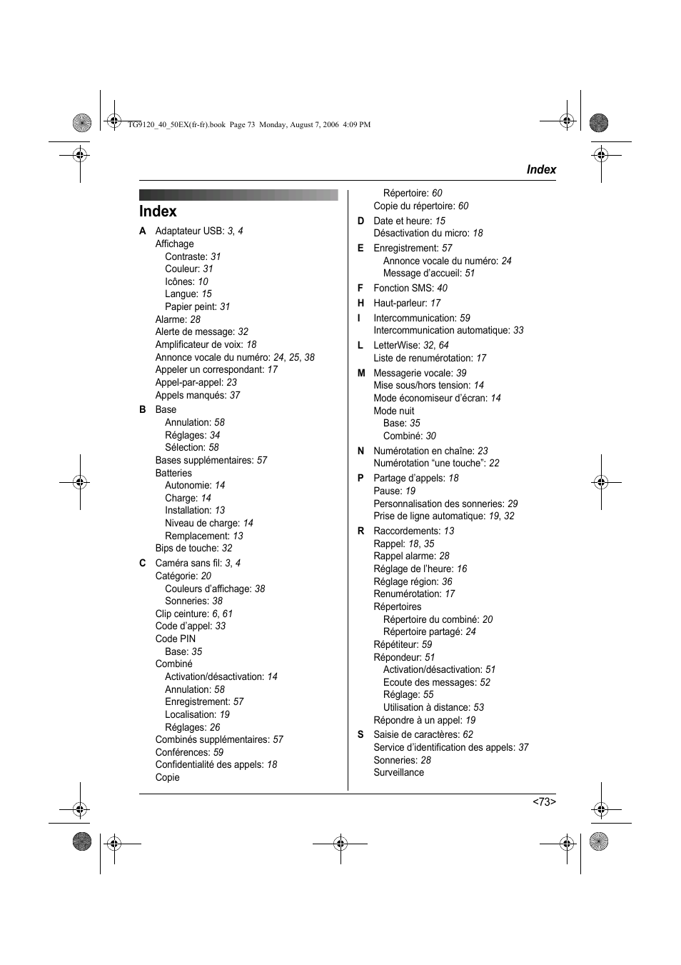 Index | Panasonic KXTG9150EX User Manual | Page 221 / 224