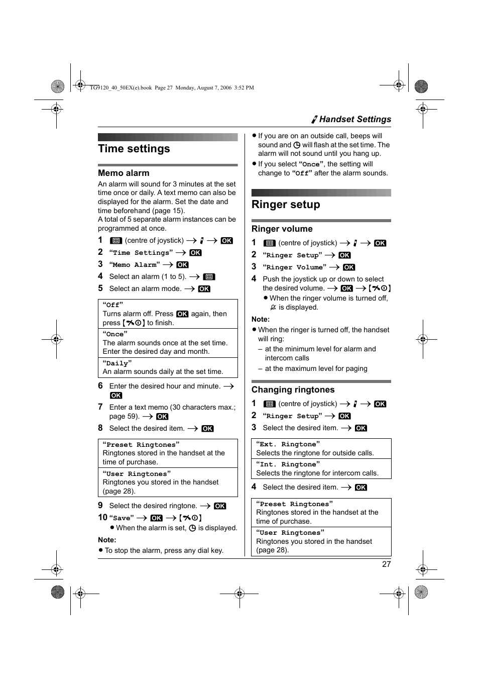 Time settings, Ringer setup, Time settings ringer setup | Panasonic KXTG9150EX User Manual | Page 27 / 224
