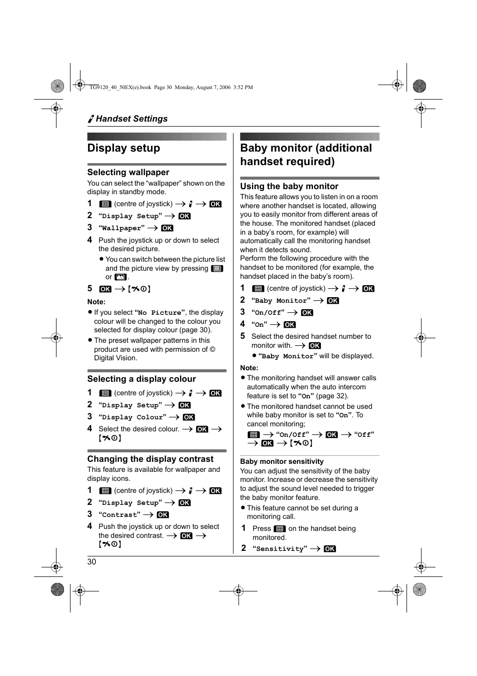 Display setup, Baby monitor (additional handset required) | Panasonic KXTG9150EX User Manual | Page 30 / 224