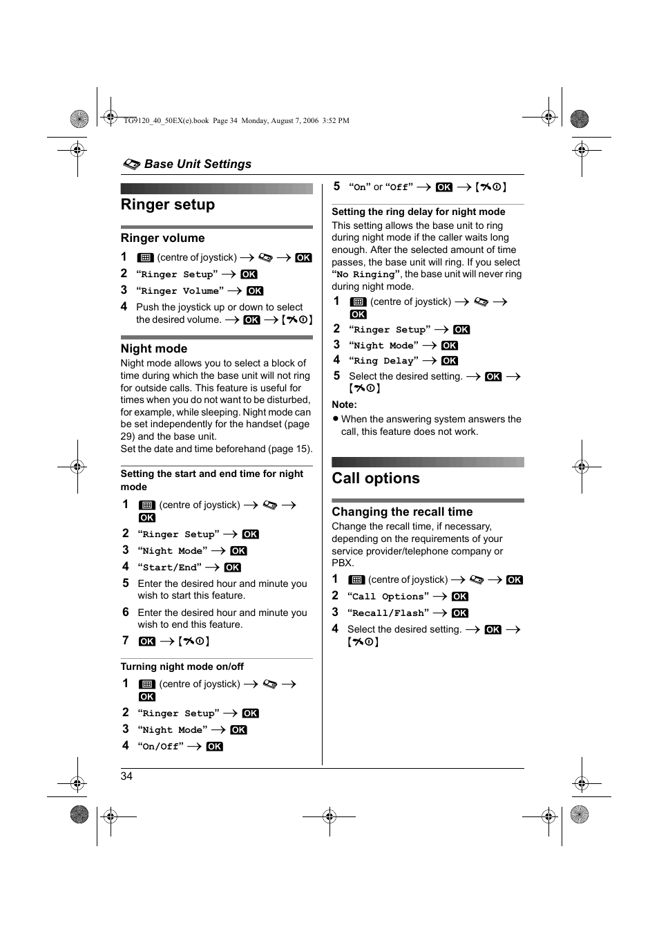 Ringer setup, Call options, Ringer setup call options | Panasonic KXTG9150EX User Manual | Page 34 / 224