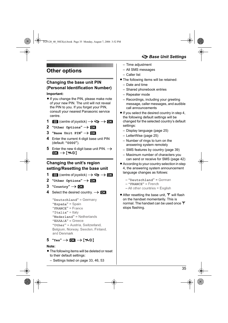 Other options, Sonstige optionen | Panasonic KXTG9150EX User Manual | Page 35 / 224