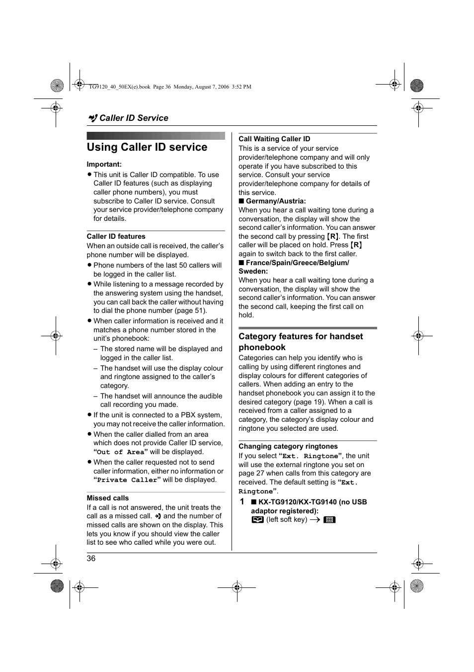 J caller id service, Using caller id service, J leistungsmerkmal anruferanzeige (clip) | L réglages de la base, Age 36) | Panasonic KXTG9150EX User Manual | Page 36 / 224