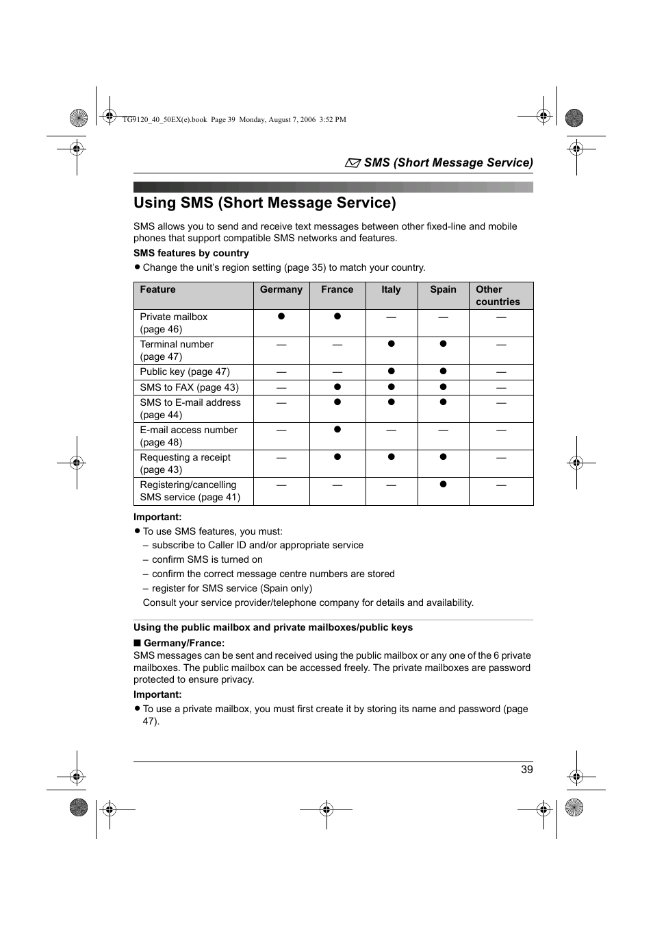 X sms (short message service), Using sms (short message service), J service d’identification des appels | Panasonic KXTG9150EX User Manual | Page 39 / 224