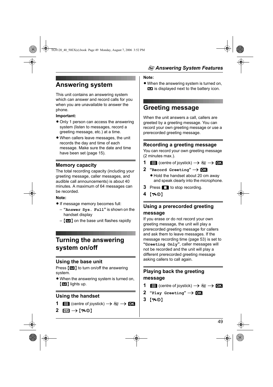 I answering system features, Answering system, Turning the answering system on/off | Greeting message, I anrufbeantworterfunktionen, X sms (short message service : mini message), I answ | Panasonic KXTG9150EX User Manual | Page 49 / 224