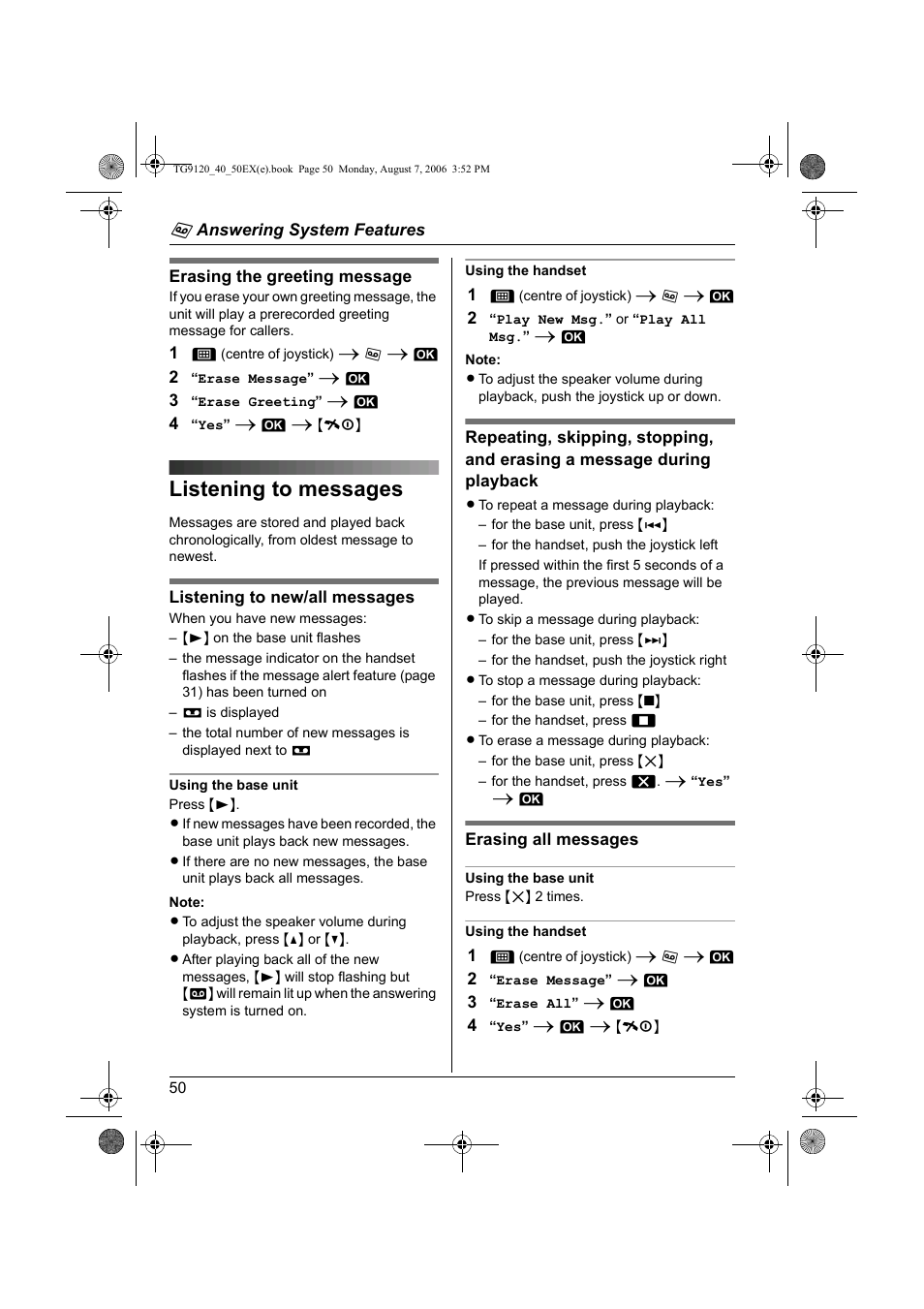 Listening to messages | Panasonic KXTG9150EX User Manual | Page 50 / 224