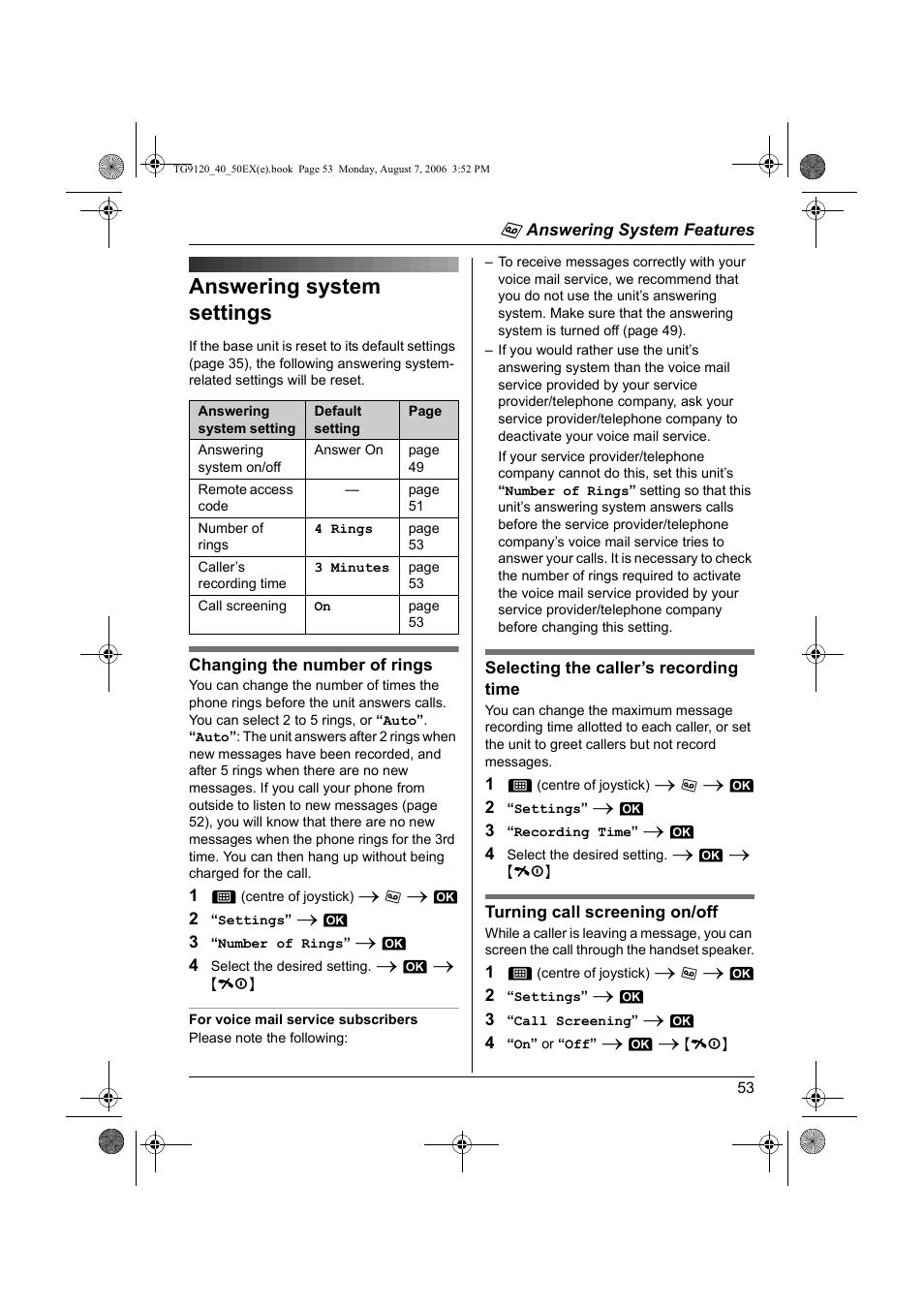 Answering system settings | Panasonic KXTG9150EX User Manual | Page 53 / 224