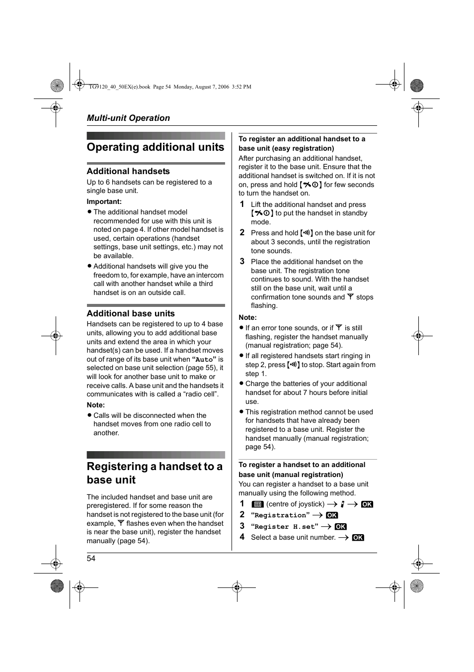 Multi-unit operation, Operating additional units, Registering a handset to a base unit | Verwenden mehrerer geräte, I fonctions du répondeur, Répondeur | Panasonic KXTG9150EX User Manual | Page 54 / 224