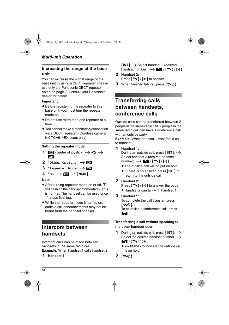 Intercom between handsets | Panasonic KXTG9150EX User Manual | Page 56 / 224