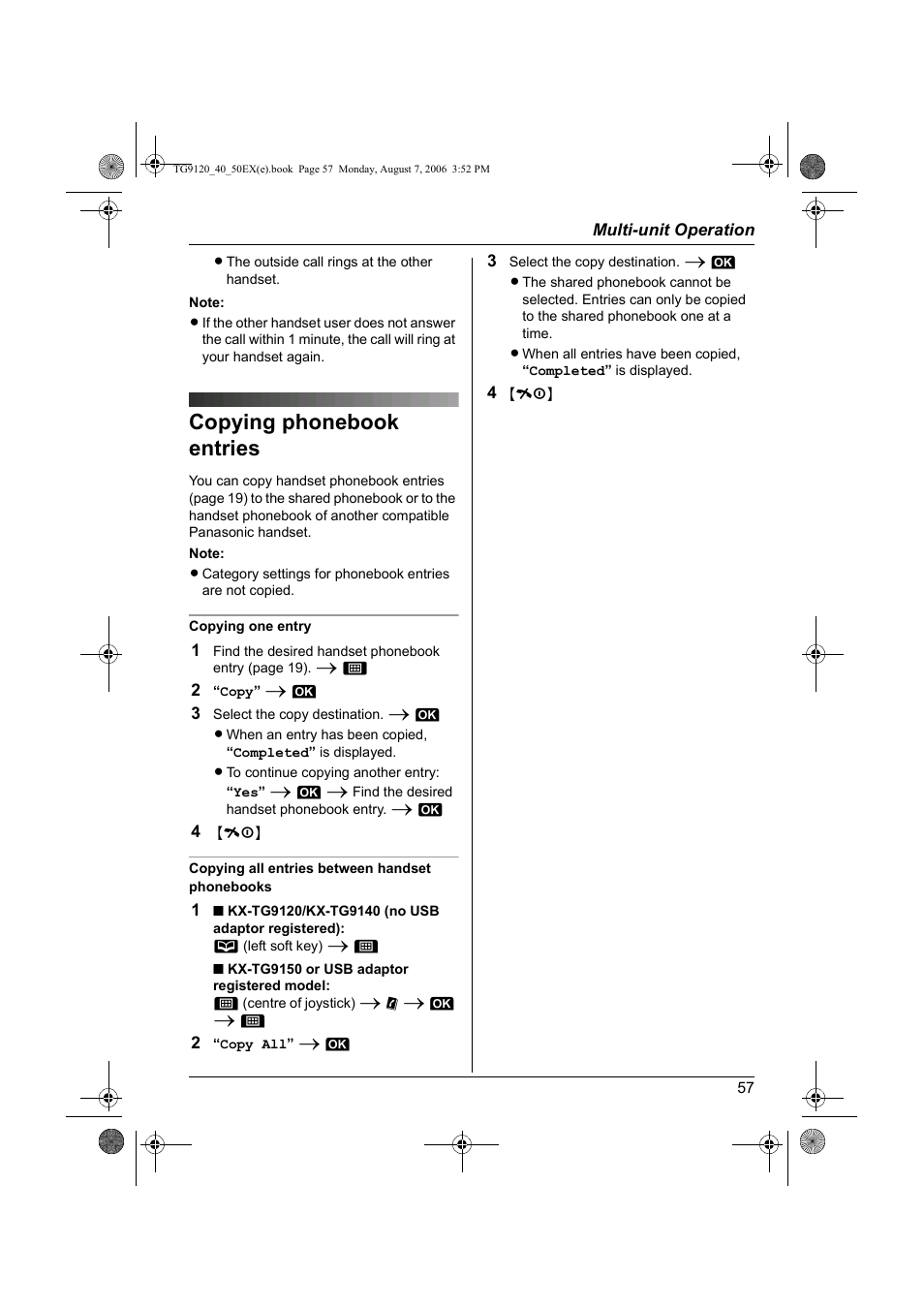 Copying phonebook entries | Panasonic KXTG9150EX User Manual | Page 57 / 224