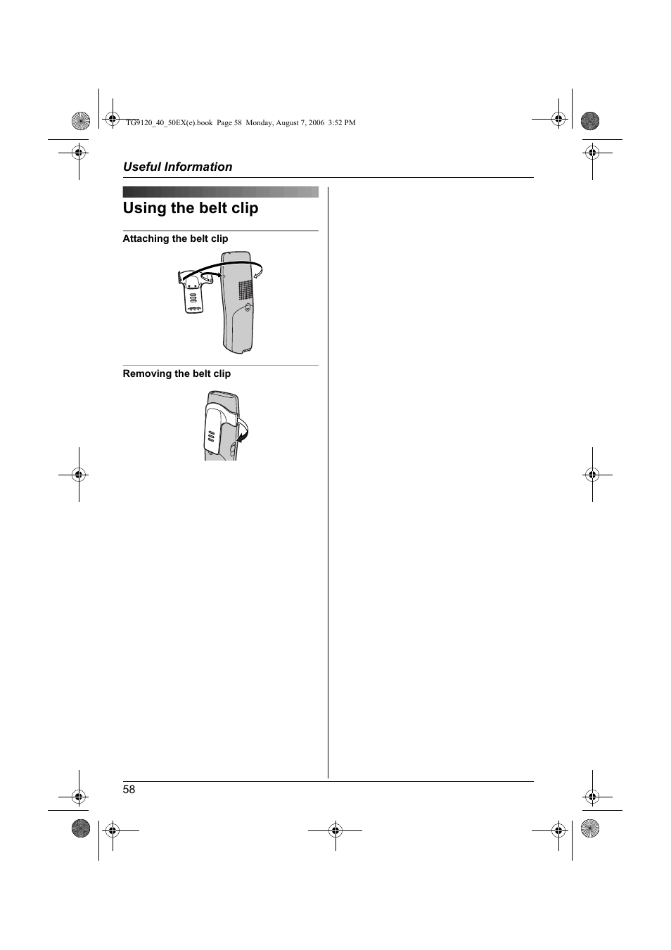 Useful information, Using the belt clip, Nützliche informationen | Mode utilisation multipostes | Panasonic KXTG9150EX User Manual | Page 58 / 224